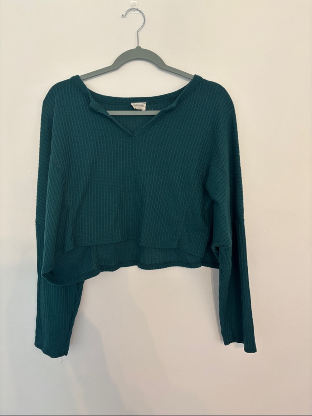 Peach Love California Deep Teal Ribbed V-Neck Cropped Sweater